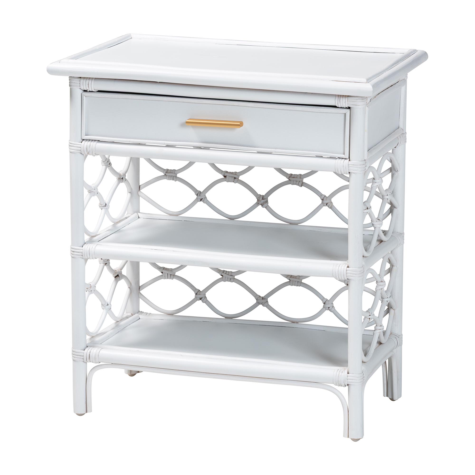 bali & pari Akane Natural Rattan Nightstand with Drawer and Open Shelves - Coastal Bedside Table with Lattice Design, White Affordable modern furniture in Chicago, classic bedroom furniture, modern nightstand, cheap nightstand